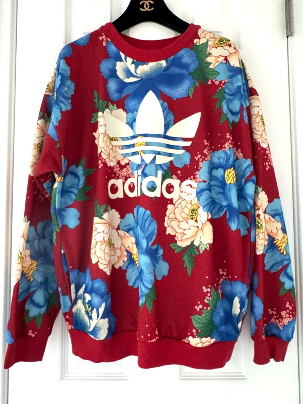 adidas Farm Red Sweatshirt with Blue and Cream Floral Print